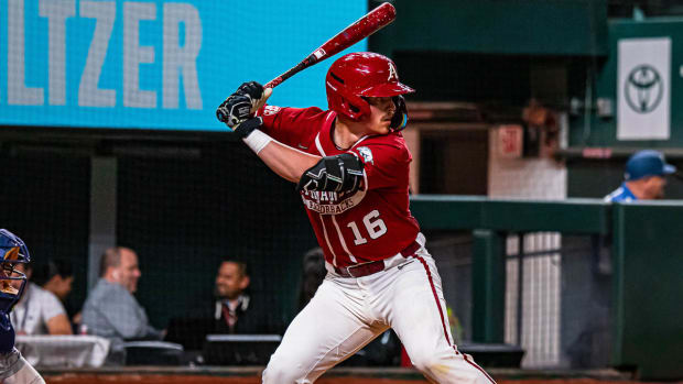 Arkansas Razorbacks catcher Hudson Polk against TCU on Saturday night at Globe Life Park in Arlington, Texas.